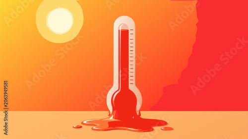 Melting thermometer icon illustrating extreme heatwave, global warming, and climate change effects. Flat vector design with vibrant reds and oranges representing dangerously high temperatures.