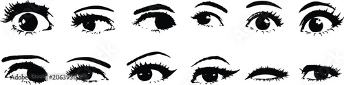 Female Eyes Silhouette Icon Set with Eyebrows and Eyelashes Vector Elements. Women Eye Makeup Graphic Asset Pack Solid Black Cosmetic and Beauty Silhouettes