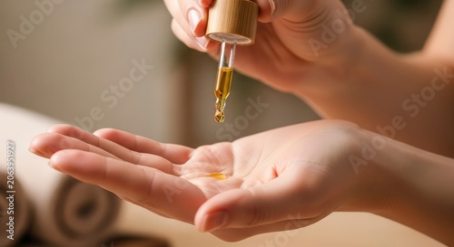 Close-up of Woman's Hands Applying Essential Oil or Serum Using a Glass Dropper for Skincare Routine