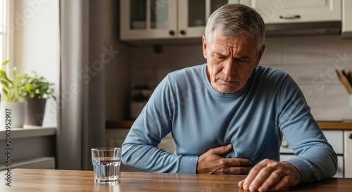 Senior man suffering from stomach ache or heartburn while sitting at kitchen table at home