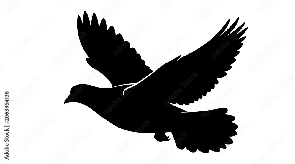 Fototapeta premium Black bird silhouette, flying dove, minimalist design, iconography element