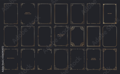 Collection of vintage thin gold frames, borders, labels. Art deco rectangle gold frame for nvitations, packaging luxury decorative templates. 
