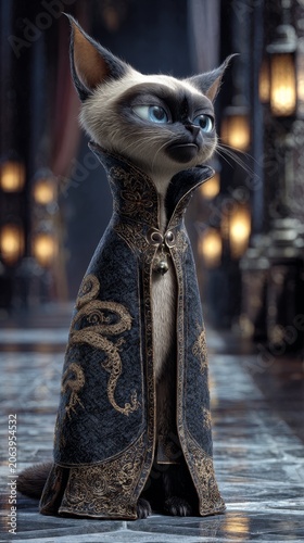 A regal siamese cat with striking blue eyes wears an ornate, dark blue robe adorned with gold serpentine patterns and