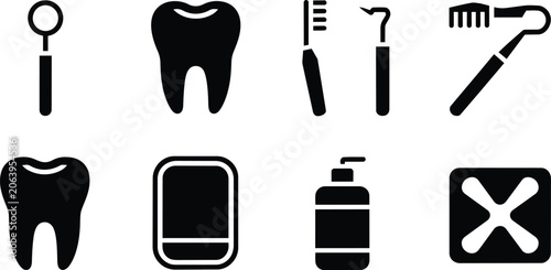 Fotografija Dental hygiene icons tooth, brush, scaler, mirror, soap, and checkmark and instr