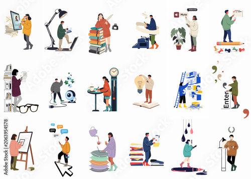 Comprehensive Collection of Flat Vector Illustrations Depicting Creative Professionals, Remote Workers, and Students Engaged in Diverse Digital and Artistic Tasks