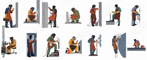 Flat vector illustrations of professional welders in protective gear performing various industrial welding and metalworking tasks on a white background.