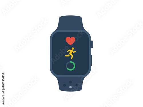 Dark smartwatch displaying heart icon, running person, and circular progress indicator.