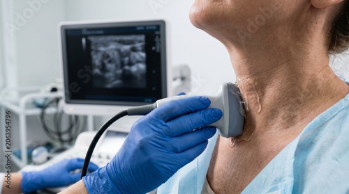 Thyroid Ultrasound Screening with Focus on Monitor and Neck Examination