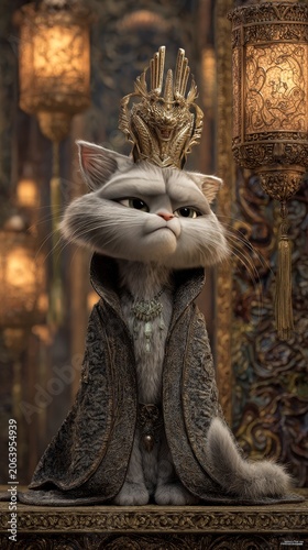 A regal siberian cat wearing an ornate golden crown and a richly embroidered cloak sits majestically