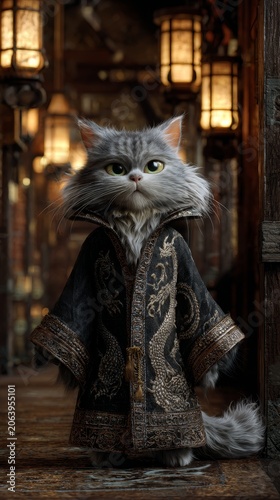 A regal siberian cat with striking green eyes wears an ornate, dragon-embroidered robe in a dimly lit, atmospheric
