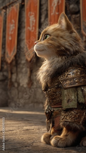 A regal siberian cat, adorned in ornate armor, gazes stoically into the distance with a determined expression