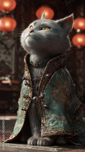A regal silver chartreux cat sits regally adorned in an ornate imperial minister's robe with gold trim and jewel buttons