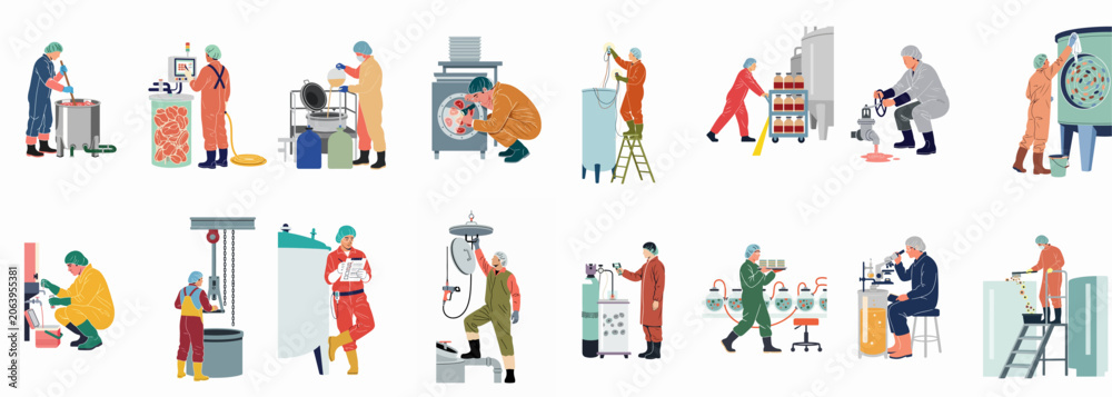 Fototapeta premium Vector illustration set of industrial and laboratory workers performing various tasks in food processing, chemical production, and scientific research environments.