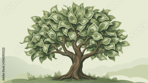 Professional flat vector illustration of an abstract money tree with leaves shaped like green banknotes, representing financial growth, investment success, wealth, and economic prosperity.