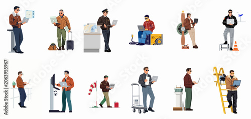 Photos Set of flat illustrations featuring modern pilots and aviation professionals using laptops and digital technology in various airport and hangar settings
