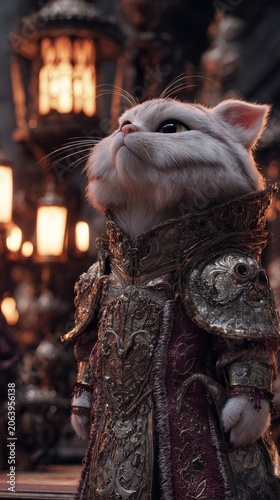 A regal white cat wearing ornate golden armor and a crimson robe, looking upwards with a determined expression