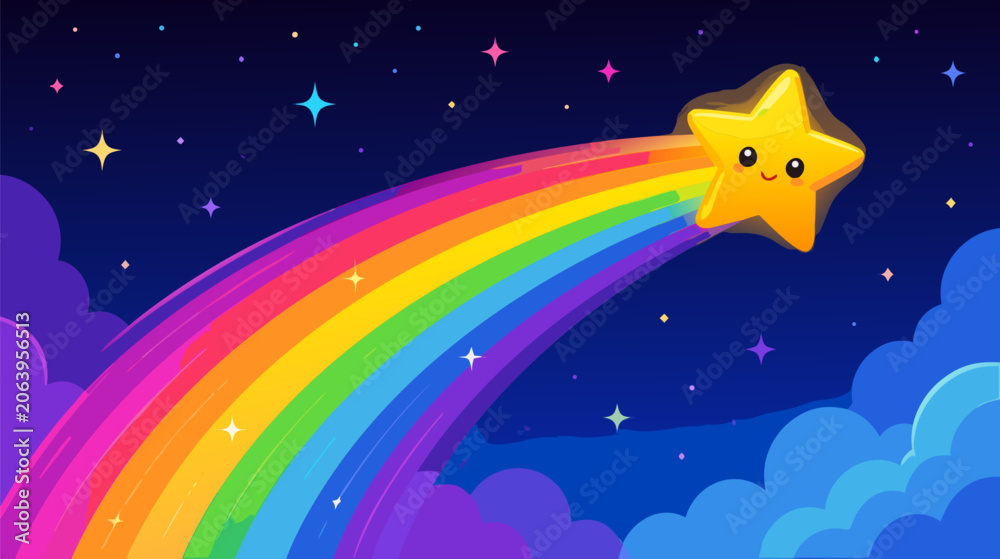 Fototapeta premium Vibrant shooting star with a bright rainbow colored trail streaking across the sky, colorful comet meteor fall flat vector illustration for magical celestial events and cosmic space design.