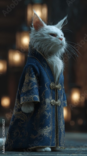 A regal white turkish angora cat wearing a blue ornate robe with gold trim stands with a proud expression
