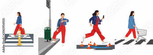 Set of flat vector illustrations of a young woman in various city life situations like commuting, shopping, and running errands.