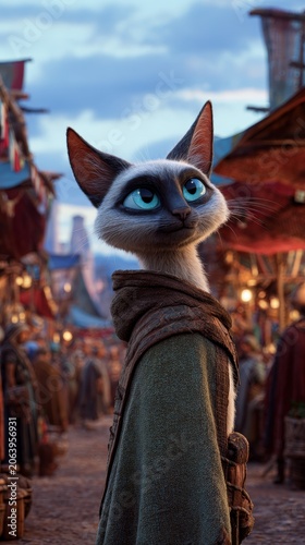 A siamese cat character wearing a green cloak stands in a bustling, medieval-style marketplace