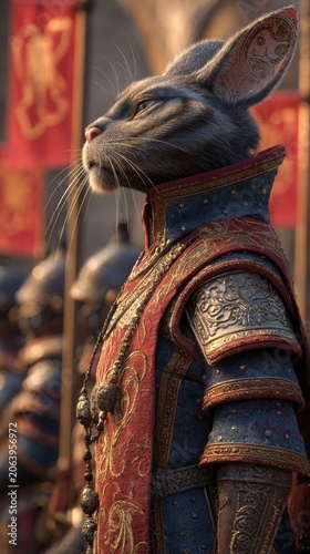 A siamese cat dressed as a medieval commander in ornate armor and regalia stands ready for battle