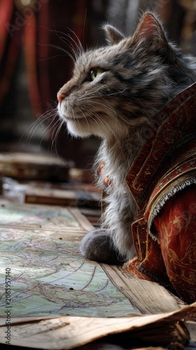 A siberian cat dressed in ornate clothing sits thoughtfully on a wooden surface, looking to the side