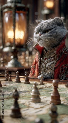 A sophisticated british shorthair cat dressed in ornate clothing contemplates a chess game next to a lantern