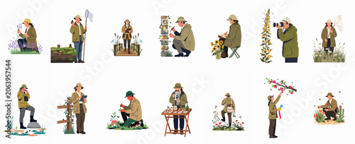 Vászonkép Collection of characters representing entomologists and botanists engaged in nature field research, studying insects and flora with specialized equipment in various habitats