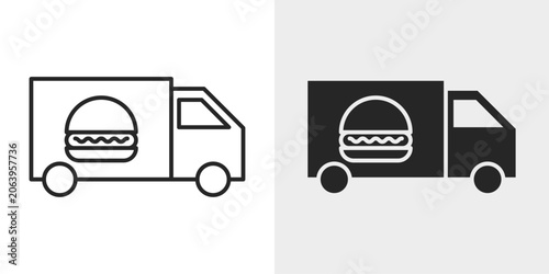 Food Truck Icon represents mobile dining services, street food businesses, and outdoor catering.