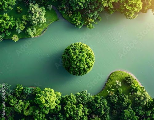 Aerial view of a serene landscape with lush greenery and water