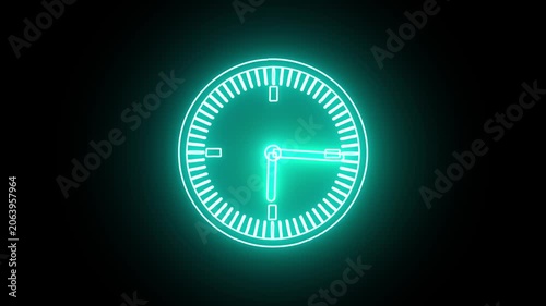 Clock icon neon light 24 hour day fast speed. Bright clock neon animation.