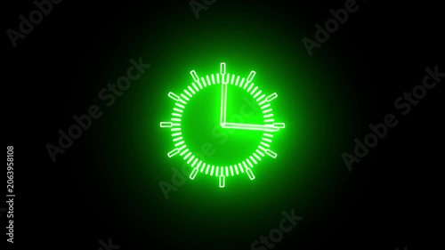 clock icon neon glowing Green color animation. black background 24 hour fast digital clock.