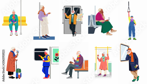 Foto Collection of Diverse Senior Citizens Commuting on Public Transport Like Subways