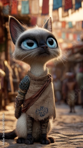 A stylized siamese cat character with large blue eyes, wearing a simple tunic and armor, stands in a sunlit, bustling