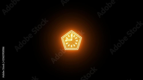Analog neon sing clock icon animation coral color on black background.