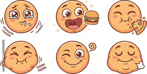 Vászonkép Cute hungry emoji vector icon set with happy yellow faces crying from stomach ru
