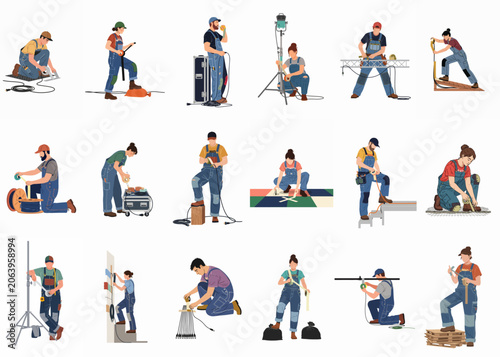 Collection of professional film crew technicians and gaffers working with lighting equipment, cables, and tools in various poses, isolated on white background.