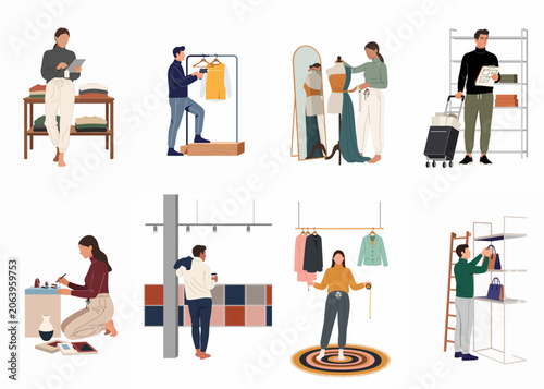 Flat Vector Illustrations of Fashion Industry Professionals Working in Apparel Retail, Design, and Inventory Management