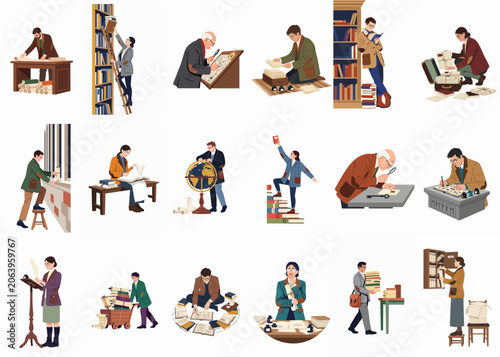 Schilderij op canvas Collection of illustrations showing people engaged in academic research, archival work, and library activities with books, maps, and scrolls