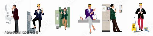 Schilderij op canvas Diverse elegantly dressed individuals in crowns performing grooming rituals in public restrooms shown in a series of flat illustrations