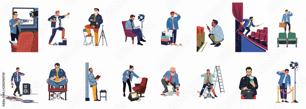 Fototapeta premium Flat illustration set of various crew members performing production roles in a film studio and theater environment, including directors, ushers, and lighting technicians.