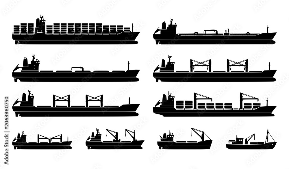 Obraz premium Black Maritime Cargo Vessel Silhouette Set with Container Ships and Freight Transport Ships Vector Illustration on White Background