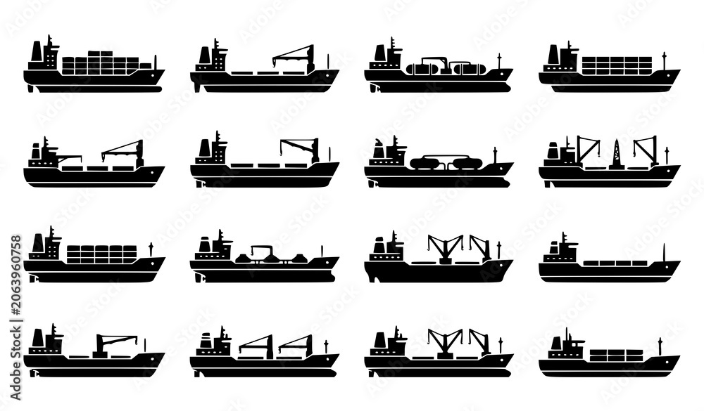 Fototapeta premium Cargo Ship Silhouette Collection Vector Set Featuring Various Maritime Transport Vessel Designs Isolated on White Background