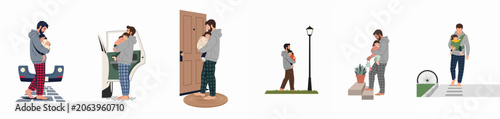 Photos Set of illustrations depicting a father in pajamas carrying his sleeping daughter through various daily scenes like walking, driving, and entering their home