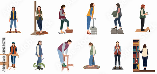 Set of flat vector illustrations depicting women in quilted vests engaged in various daily activities, hobbies, and home lifestyle scenes.