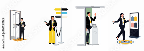 Set of Professional Event Staff Illustrations Showing Concierge, Security, Information Desk, and Digital Support Personnel for Corporate Hospitality and Conferences