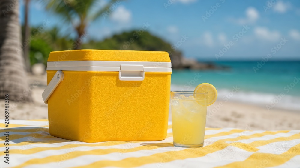 Obraz premium An outdoor summer picnic scene with a yellow cooler and iced lemonade, placed on a beach blanket, with palm trees and turquoise water under a bright sky