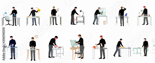 Collection of illustrations showing a man cleaning and disinfecting his home office desk and computer equipment for a healthy work environment.