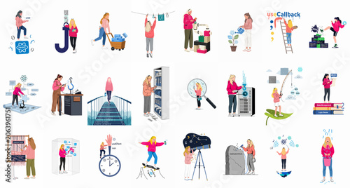 Tableau sur toile Comprehensive collection of conceptual illustrations depicting React hooks and web development processes, featuring female developers in various metaphorical and literal scenarios