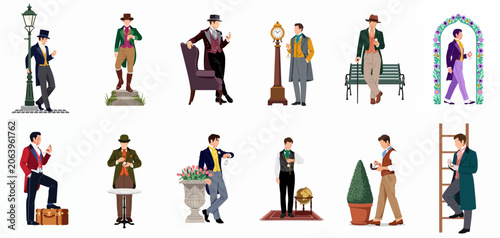 Foto Collection of 12 Victorian and Edwardian style men in elegant historical costumes checking their pocket watches in various classic settings